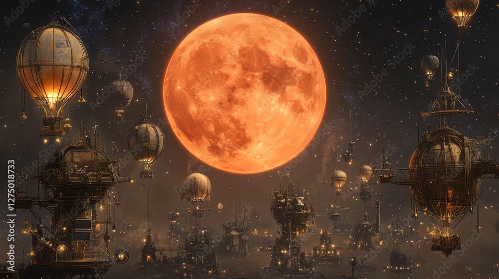 Naklejka premium 93.Dreamlike scene of a vast celestial sky illuminated by a massive orange supermoon, surrounded by antique hot air balloons and steam-powered flying contraptions with elaborate brass details.
