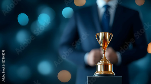 A close-up of a golden trophy symbolizing success, achievement, and recognition, with a blurred figure in formal attire in the background.