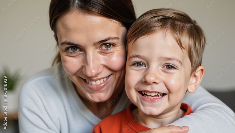 Mother embraces her child at home Family Portrait