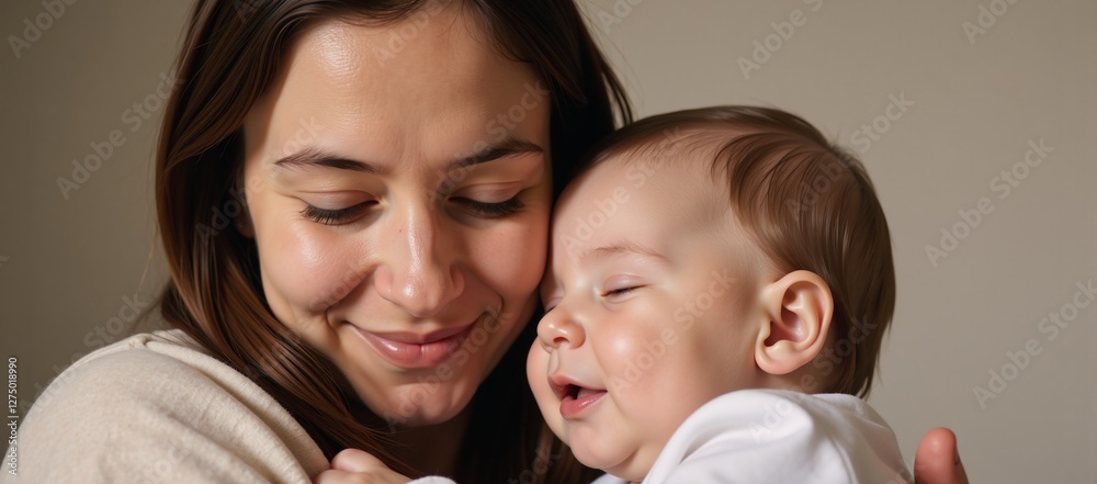 Mother cuddles sleeping infant at home Cute Intimate Family Mother cuddles sleeping infant at home Cute Intimate Family