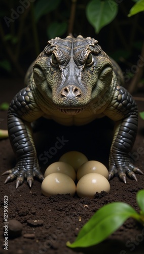 Mother croc protectively guards her clutch of eggs in a nest