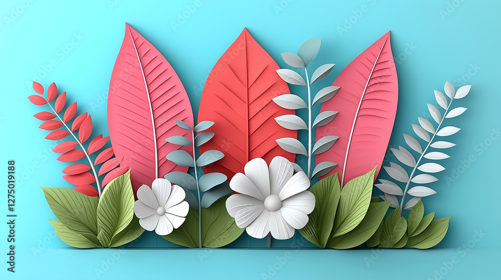 Naklejka premium Vibrant paper-cut floral arrangement with colorful leaves