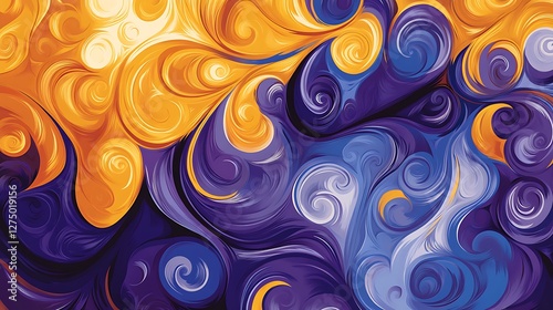 This abstract design features flowing swirls of vibrant orange, blue, and purple, creating a sense of movement and energy, perfect for artistic and creative projects. photo