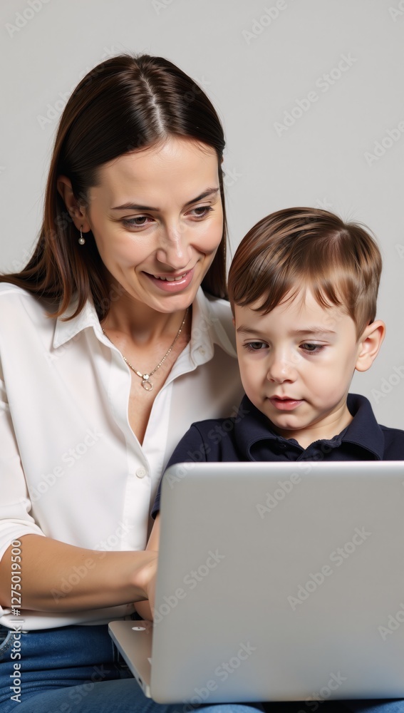 Mother and child working on laptop together Mother and child working on laptop together