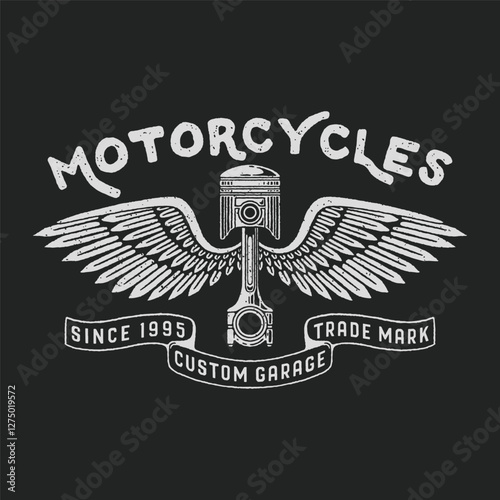 wing illustration piston graphic garage design motorcycle badge speed vintage custom
