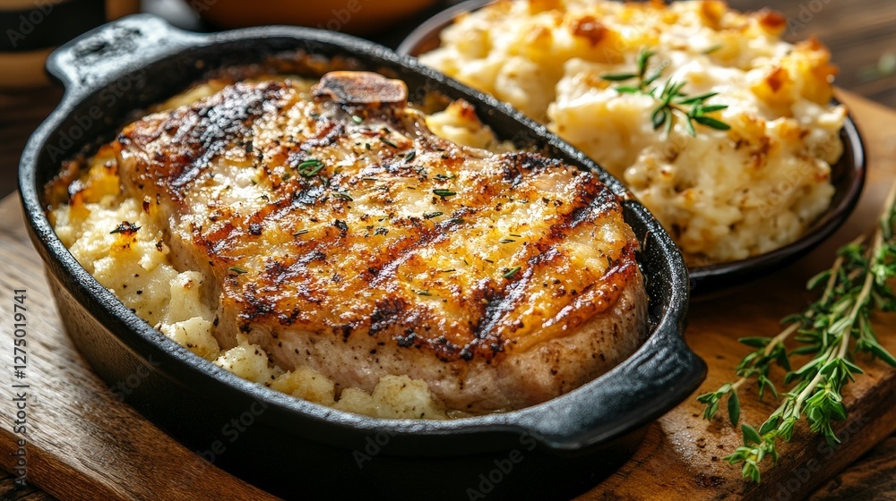 A delicious grilled pork chop served with creamy mashed potatoes in a cast-iron dish. A delicious grilled pork chop served with creamy mashed potatoes in a cast-iron dish.