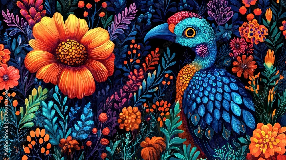 Fototapeta premium Vibrant Tropical Bird Amidst a Kaleidoscope of Flowers