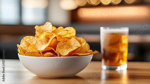 A delectable bowl of crispy potato chips served alongside a refreshing glass of soda, perfect for snacking and sharing. photo