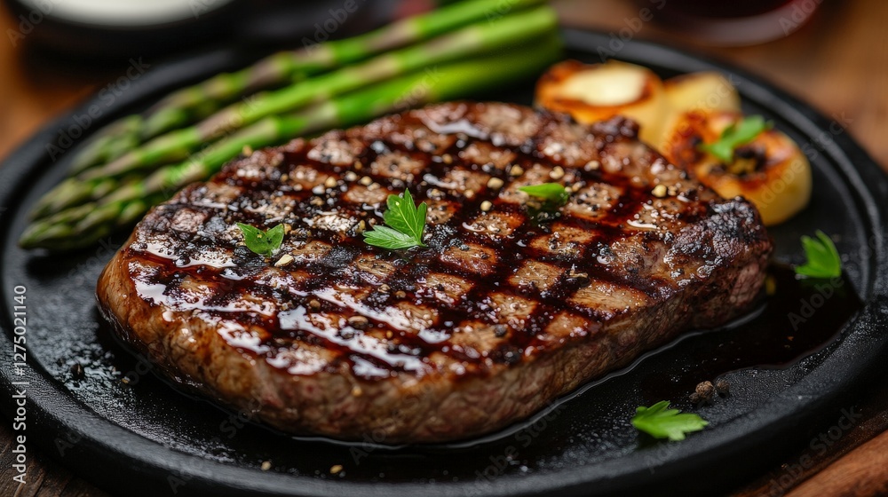 A delicious grilled steak served with asparagus and garnished with herbs on a sizzling platter. A delicious grilled steak served with asparagus and garnished with herbs on a sizzling platter.