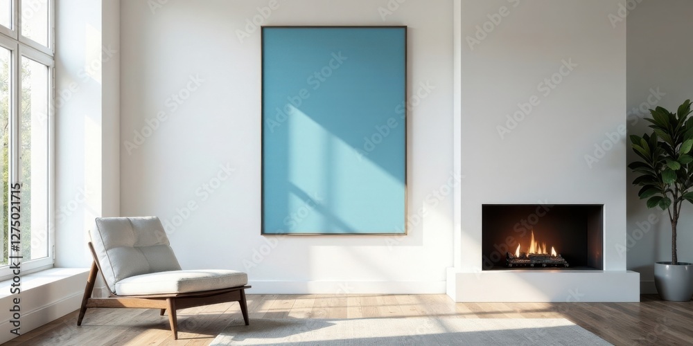 Fototapeta premium Serene Living Room with Minimalist Decor and a Modern Fireplace Featuring a Blank Canvas for Artwork