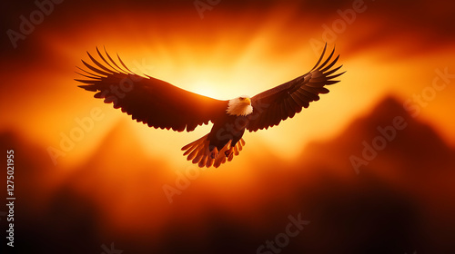 A majestic eagle soaring through a vibrant sunset, showcasing its powerful wings in a breathtaking display of nature's beauty.