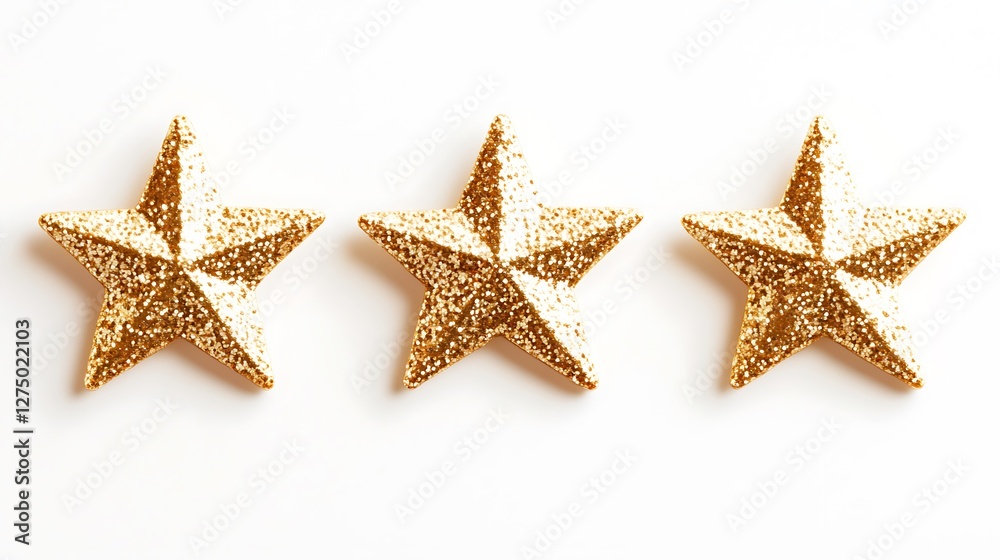 Three sparkling golden stars arranged in a row on a clean white background, perfect for adding a touch of glamor and elegance to any design or decorative project. Three sparkling golden stars arranged in a row on a clean white background, perfect for adding a touch of glamor and elegance to any design or decorative project.