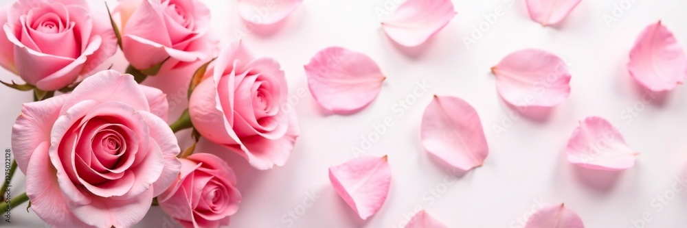 Obraz premium Pastel pink rose petals scattered on a soft white background, bouquet, floral
