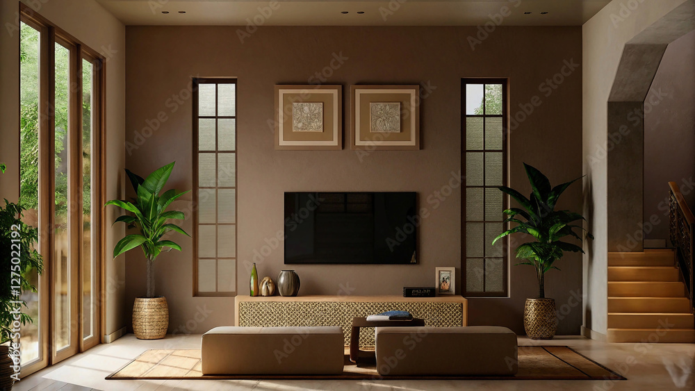 Fototapeta premium A luxurious living room featuring a modern TV setup, sophisticated decor, and lush indoor plants, creating a perfect blend of comfort and style