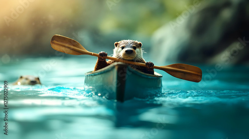 A playful otter paddling in a kayak on a serene lake, surrounded by lush greenery and sparkling water. photo