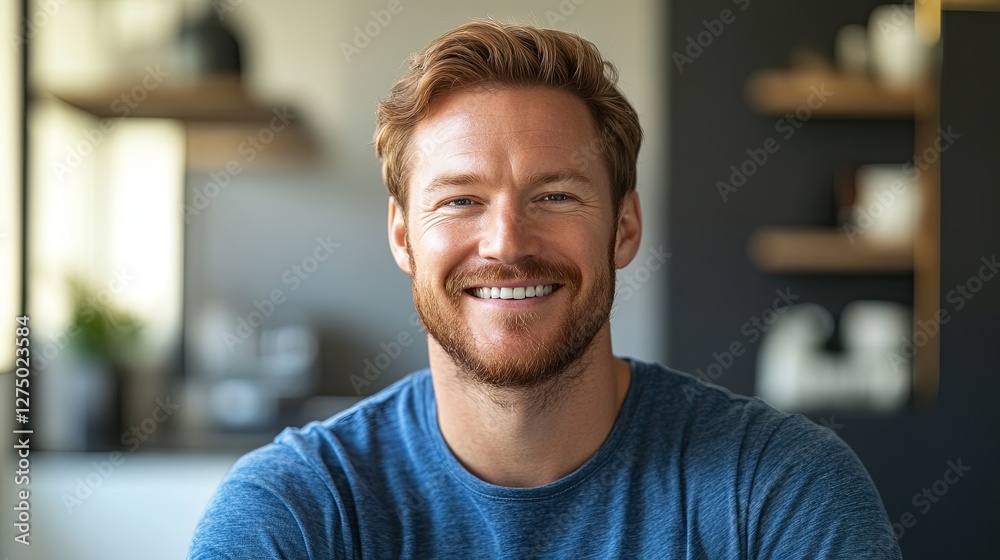 Obraz premium Young man smiling warmly, soft light enhancing his cheerful expression, minimal background.