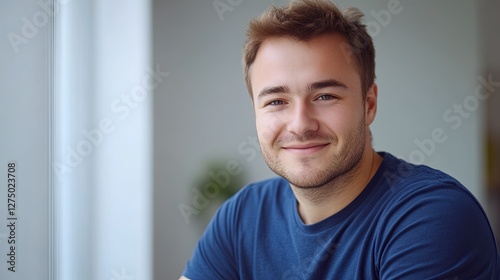 Young man smiling warmly, soft light enhancing his cheerful expression, minimal background.
