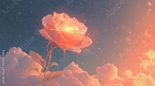 A space-themed romantic tableau of a woman, enraptured by a massive glowing rose that fills the sky. Dreamy starry background, pastel tones, and intricate character design. 