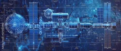 Fototapeta Naklejka Na Ścianę i Meble -  A detailed blueprint of a space station floats against a starry backdrop, modules for living, research, and docking sites illustrated in crisp blue lines.