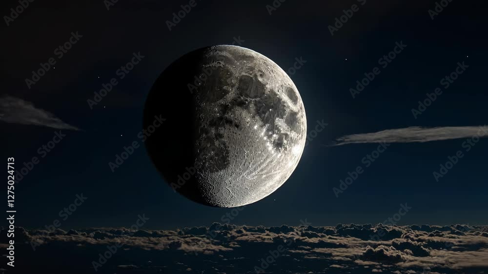 Video footage of half illuminated moon against a dark sky with scattered clouds below, highlighting the moon's surface details and the contrast between light and shadow