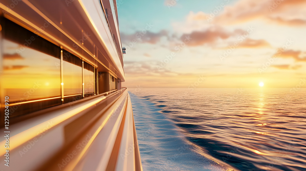 Obraz premium A stunning view of the ocean at sunset from a luxurious yacht, capturing the serene beauty of nature and travel.