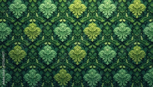 Vibrant green leaf pattern wallpaper with intricate floral designs, organic shapes. Calming leafy patterns, dark leaf motif, natural mossy textures, damask decor, interior decoration, green color