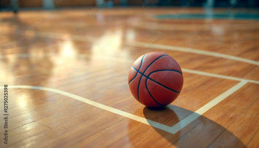 Close-up basketball on court with reflection