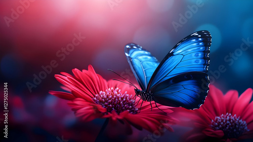 A vibrant blue butterfly resting on a red flower, showcasing the beauty of nature in a stunning close-up.
