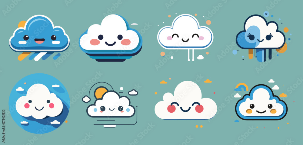 Fototapeta premium Icons sets collection of cartoon style cloud illustrations with smiling faces, each with unique designs and colorful accents on a teal background