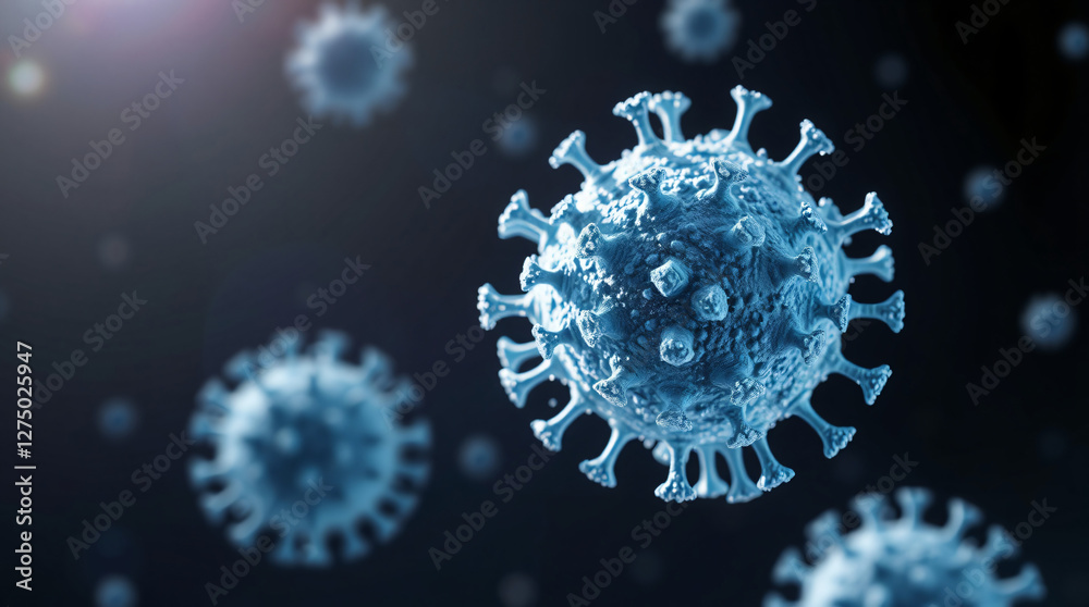 3D render of rhinovirus particles in winter colors - Icy blue and white crystalline structure 3D render of rhinovirus particles in winter colors - Icy blue and white crystalline structure