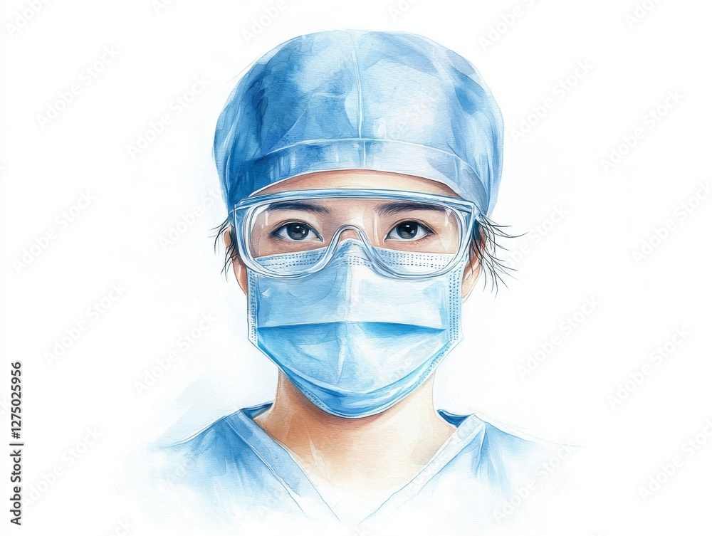 Closeup portrait of a woman wearing surgical mask and glasses, emphasizing health safety Closeup portrait of a woman wearing surgical mask and glasses, emphasizing health safety