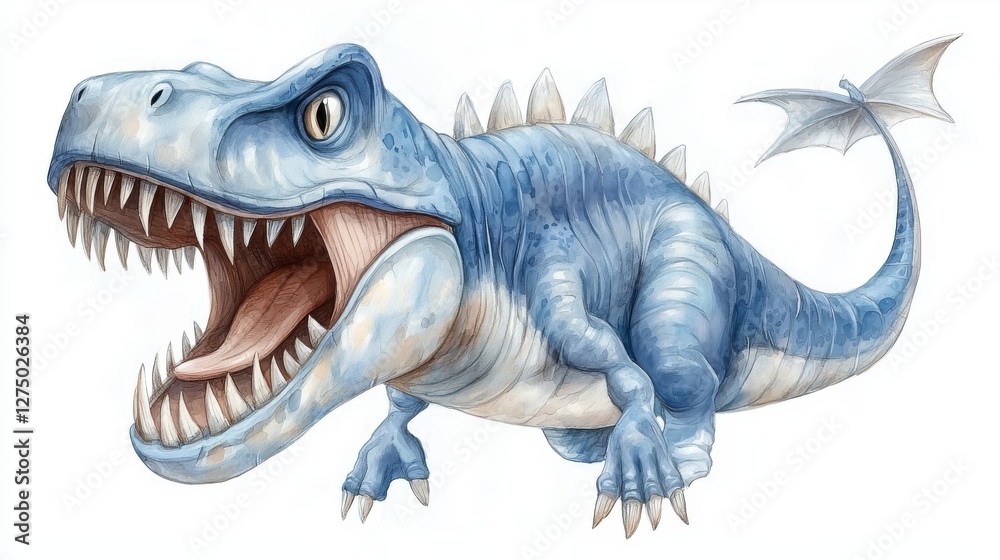 Fototapeta premium Fierce blue dinosaur roaring with sharp teeth, a prehistoric predator's powerful display