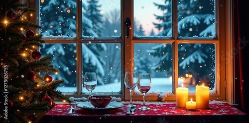 Snowy windowpane with Christmas dinner table and candles, scene, festive photo