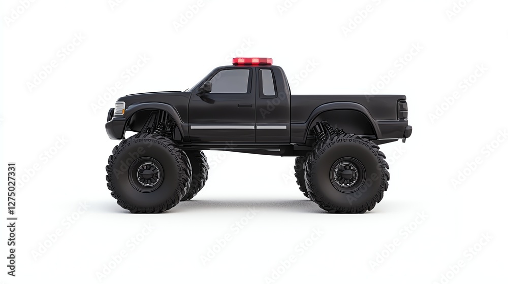 Black monster truck with oversized tires and a light bar, isolated on a white background, ideal for automotive and transportation themes. Black monster truck with oversized tires and a light bar, isolated on a white background, ideal for automotive and transportation themes.
