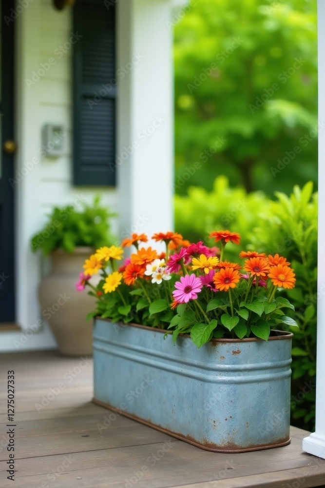 Fototapeta premium Vibrant multicolored daisies blooming in a rustic weathered metal planter box on a wooden porch