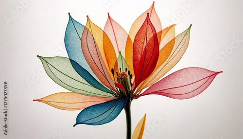 Colorful Flower Composed of Thin Leaves on Plain Light Background