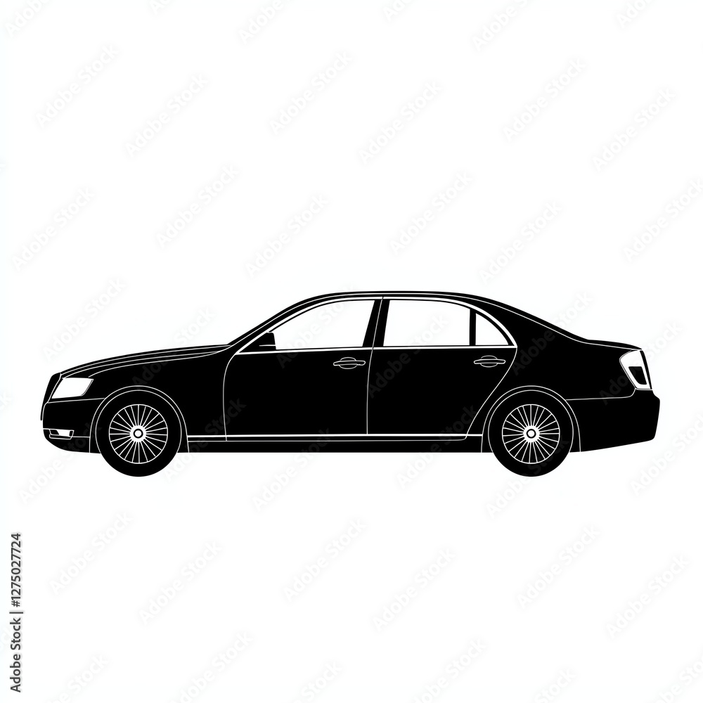 Fototapeta premium Elegant black luxury car silhouette, side view on white isolate background, ideal for auto industry graphics and marketing materials.