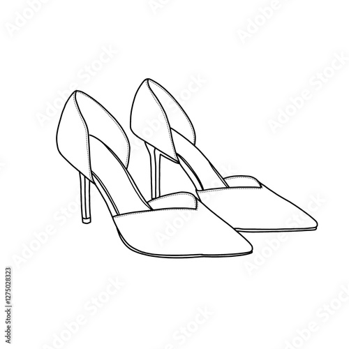 Technical sketch drawing of women's closed-toe high heels stiletto pointed-toe line art. Flat sketch vector. Isolated on a white background