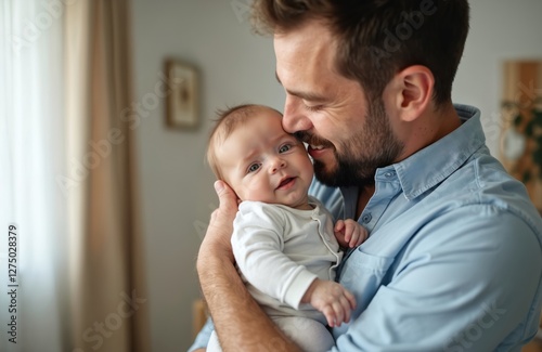 Bearded dad holds baby in arms. Father embraces child, showing affection. Parent enjoy time with newborn, demonstrates love, care. Happy parenthood concept, tenderness, family values.