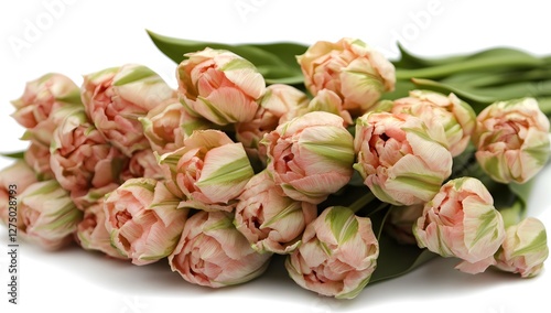 Pale Pink & Green Tulips Bouquet Against White Background photo