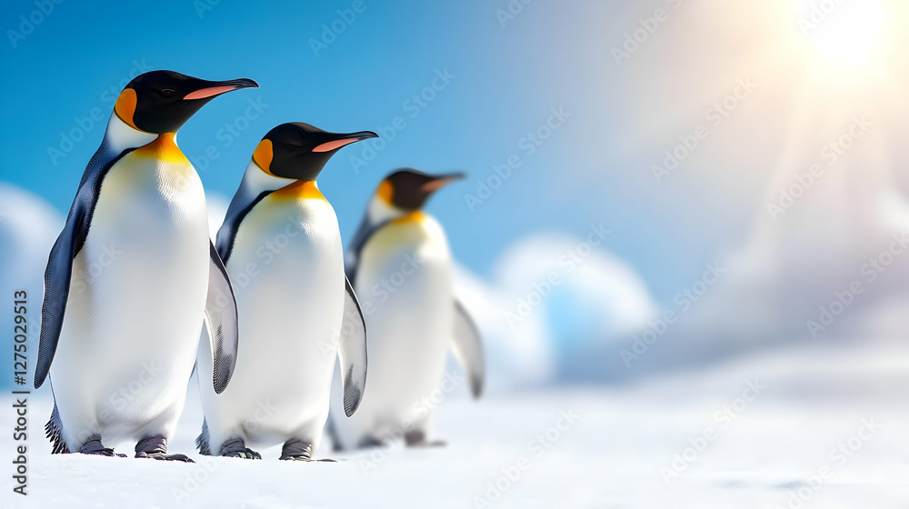 Fototapeta premium Three majestic penguins standing on snow under a bright blue sky, showcasing the beauty of wildlife in its natural habitat.