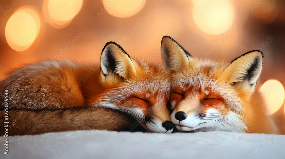Fototapeta premium Two adorable foxes nestled together, exuding warmth and tranquility in a cozy, dreamy setting with soft lights.