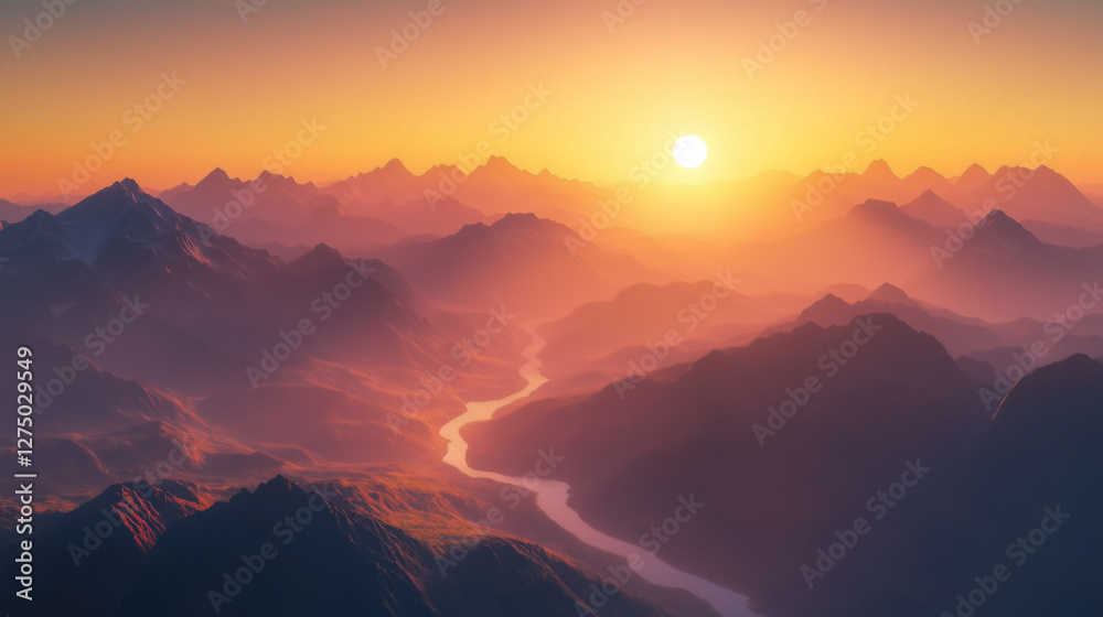 Obraz premium A breathtaking view of the sun rising over a vast mountain range, with layers of mist rolling through the valleys