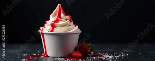 Takeaway cup filled with creamy milk ice cream topped with strawberry sauce and empty black background, ice cream, take away