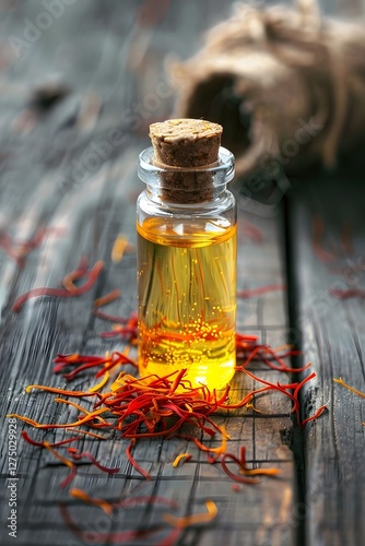 Saffron-infused Serum Vial on Rustic Wooden Surface