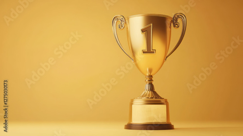 golden trophy with number one, symbolizing victory and achievement, stands against warm yellow background, evoking feelings of success and celebration