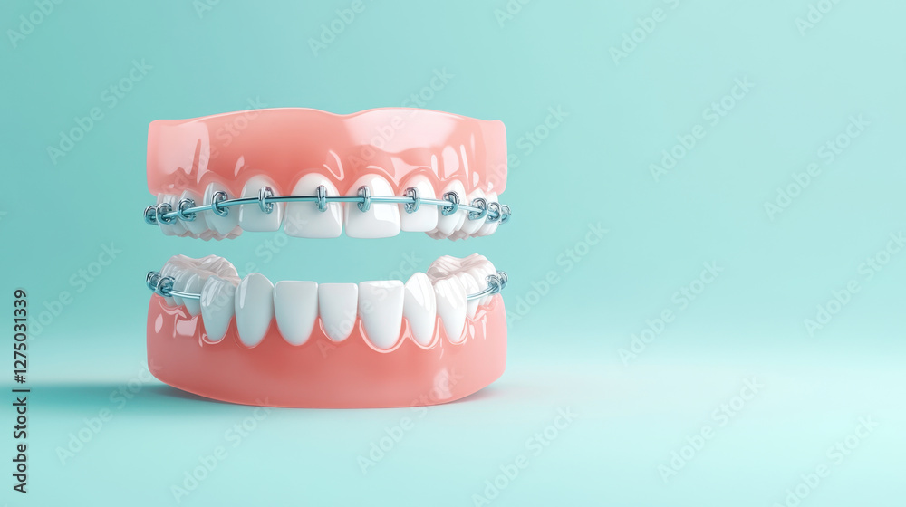 Obraz premium 3D render of dental braces on upper and lower teeth, showcasing orthodontic treatment. braces are metallic and teeth are bright and healthy, set against soft blue background