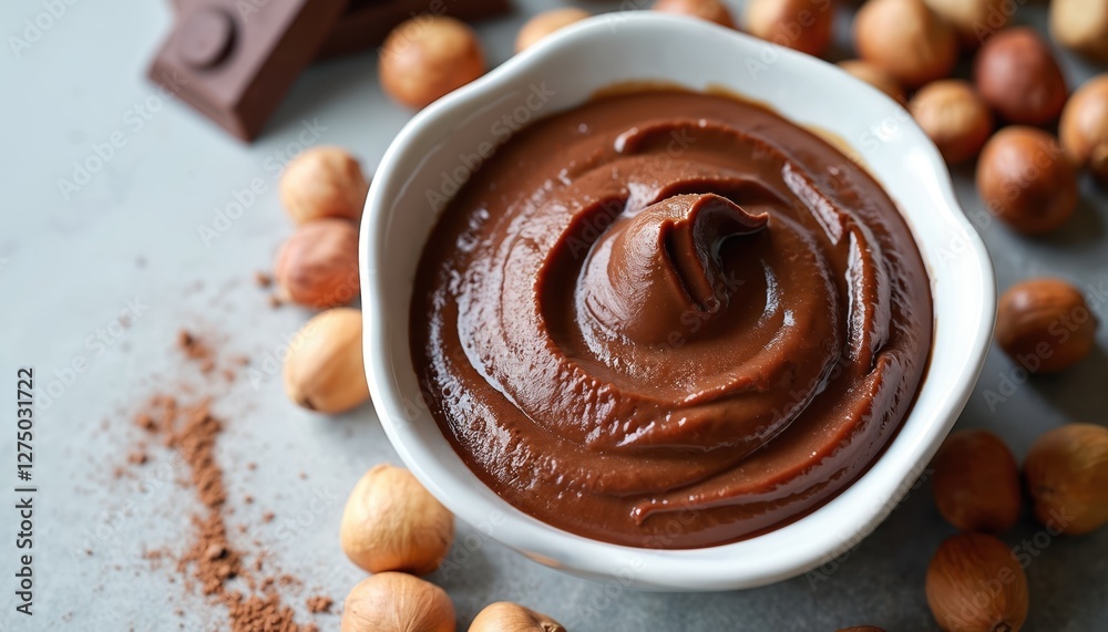 Tasty chocolate paste with hazelnuts in bowl on table. Cocoa powder near bowl. Natural chocolate cream, hazelnut snack, homemade mousse, sweet dessert, delicious breakfast for gourmand. Close-up, Tasty chocolate paste with hazelnuts in bowl on table. Cocoa powder near bowl. Natural chocolate cream, hazelnut snack, homemade mousse, sweet dessert, delicious breakfast for gourmand. Close-up,