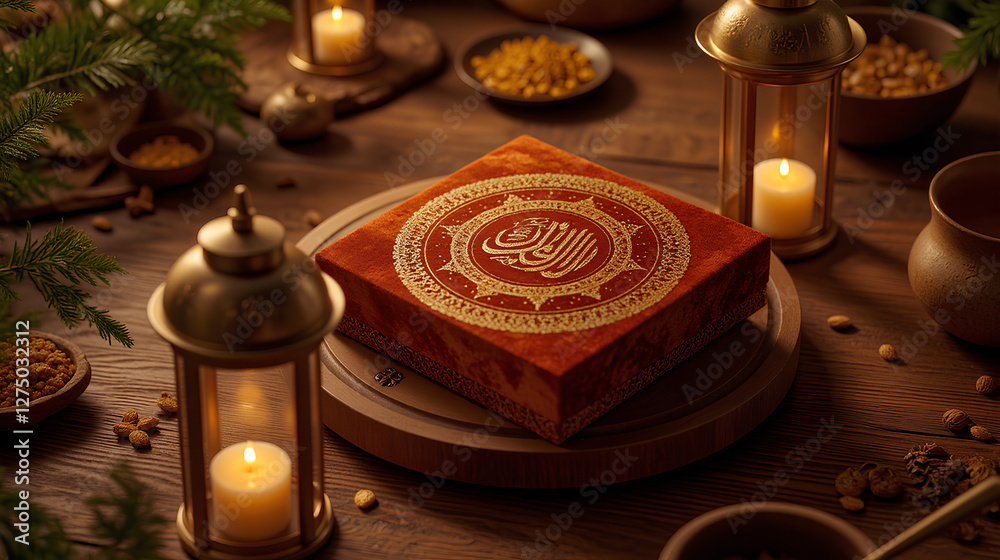 Luxury Gift Box with Golden Calligraphy on Wooden Table with Ramadan Lantern Glow - Ramadan Kareem Luxury Gift Box with Golden Calligraphy on Wooden Table with Ramadan Lantern Glow - Ramadan Kareem