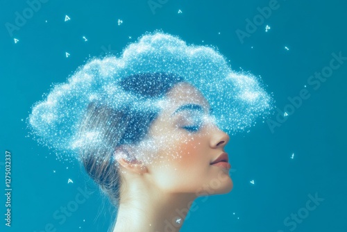 photograph of woman's head surrounded by sparkling data 1010 cloud
